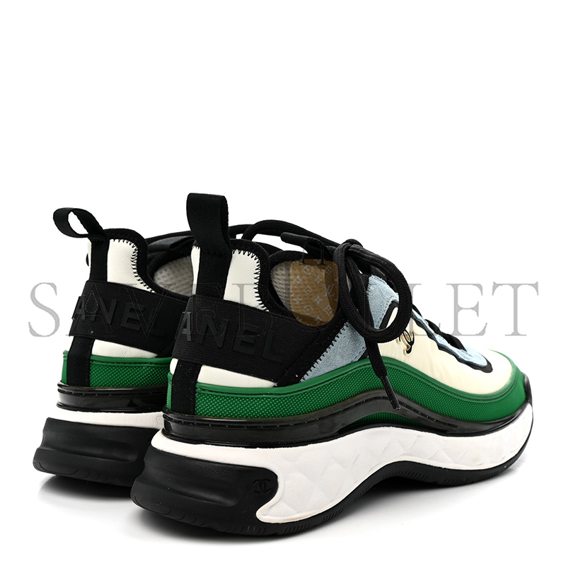 CHANEL SUEDE CALFSKIN MIXED FIBERS CC SNEAKERS IVORY GREEN LIGHT BLUE 